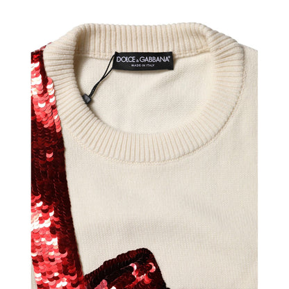 Dolce & Gabbana White Sequined Crew Neck Pullover Sweater