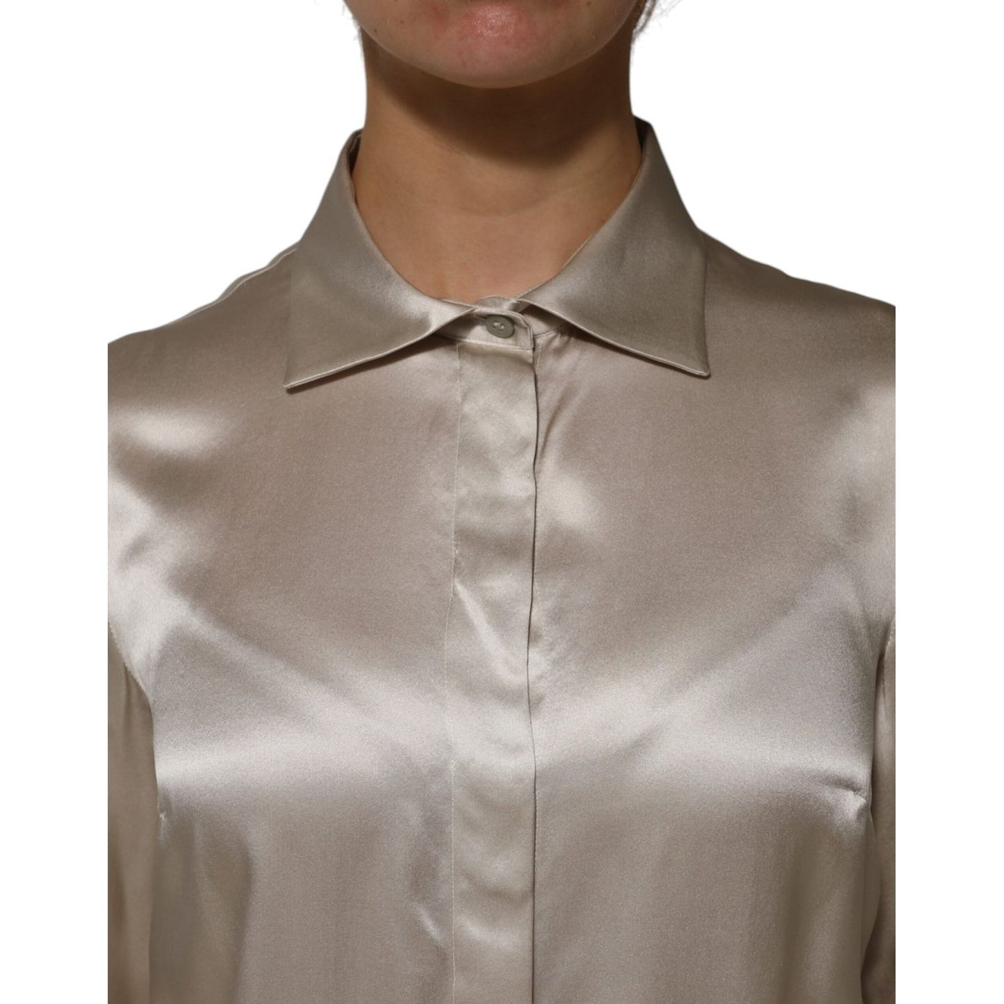 Dolce & Gabbana Beige Satin Silk Collared Long Sleeves Top