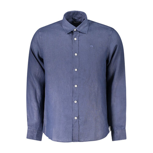 North Sails Blue Linen Shirt with long sleeves, Italian collar, button cuffs, embroidery, and logo, front view