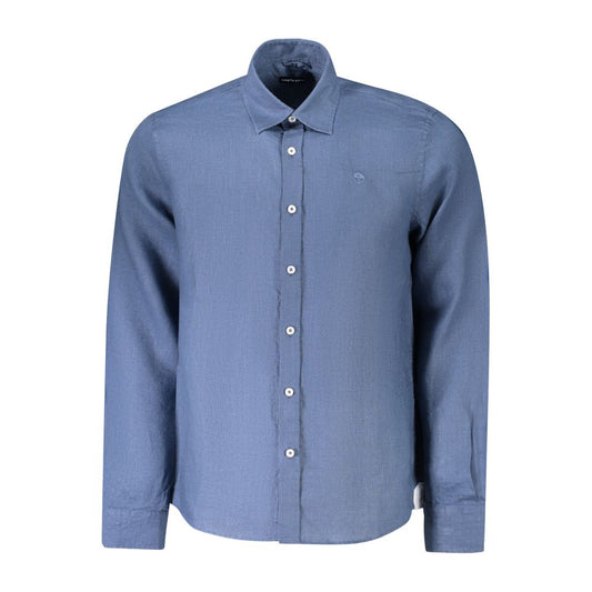 North Sails Blue Linen Shirt with long sleeves, Italian collar, and button cuffs, featuring embroidery and logo, ocean positive design.