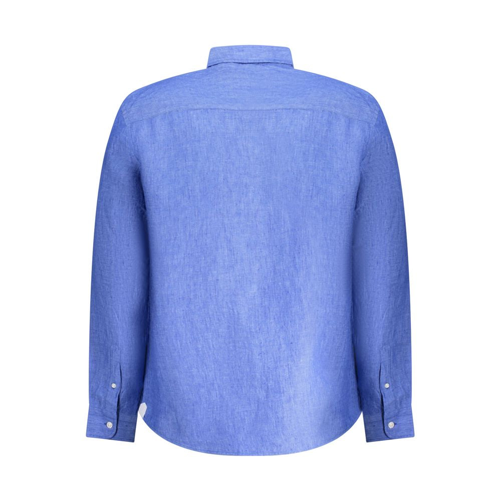 Back view of North Sails Blue Linen Shirt with long sleeves and Italian collar, featuring embroidery and logo.