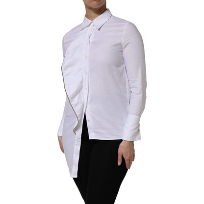AGLINI White Cotton Collared Long Sleeves Ruffle Top Shirt