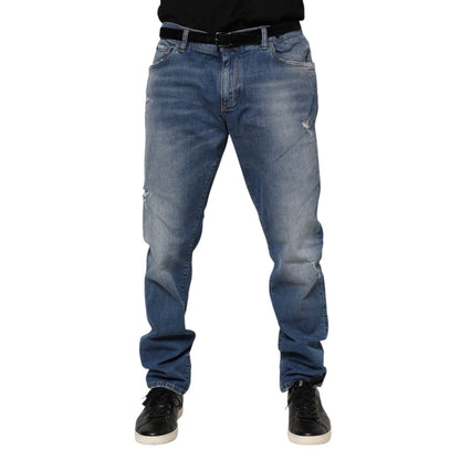 Dolce & Gabbana Blue Washed Cotton Logo Plaque Denim Jeans