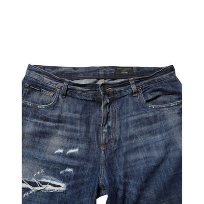 Dolce & Gabbana Blue Cotton Tattered Tapered Men Denim Jeans