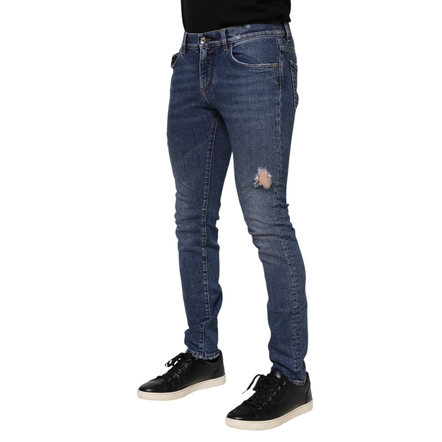 Dolce & Gabbana Blue Cotton Logo Plaque Skinny Men Denim Jeans