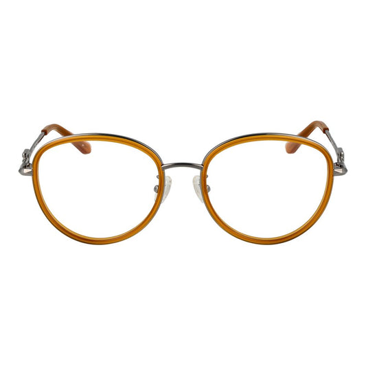 Front view of Guess Orange Women Glasses Frame with round orange metal full-rim design and demo lenses.