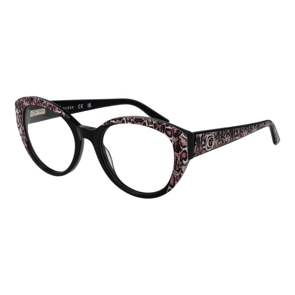 Guess Black Women Glasses Frame, acetate full-rim, black round style, branded case included, spring hinge, size 53-19-140, demo lenses.