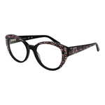 Guess Black Women Glasses Frame, acetate full-rim, black round style, branded case included, spring hinge, size 53-19-140, demo lenses.