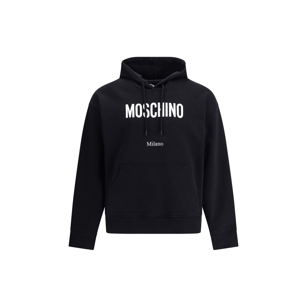 Moschino Black Cotton Sweatshirt with monogram, adjustable hood, and pouch pocket, ideal for AW25 fashion. Regular fit, 100% cotton.
