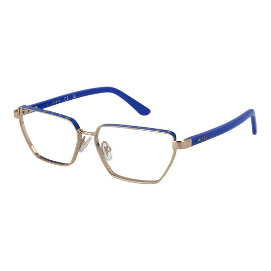Guess Gold Women Glasses Frame in gold metal full-rim geometric design with blue temples and demo lenses, comes with branded case.