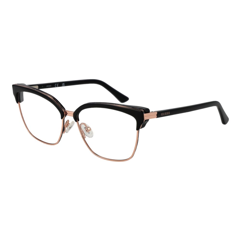 Guess Rose Gold Women Glasses Frame in browline style, full-rim stainless steel with demo lenses, includes branded case.