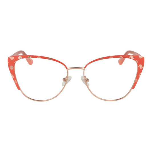 Guess Pink Women Glasses Frame with red full-rim cat eye design, metal frame, plastic demo lenses. Includes branded case, spring hinge, size 53-16-145.