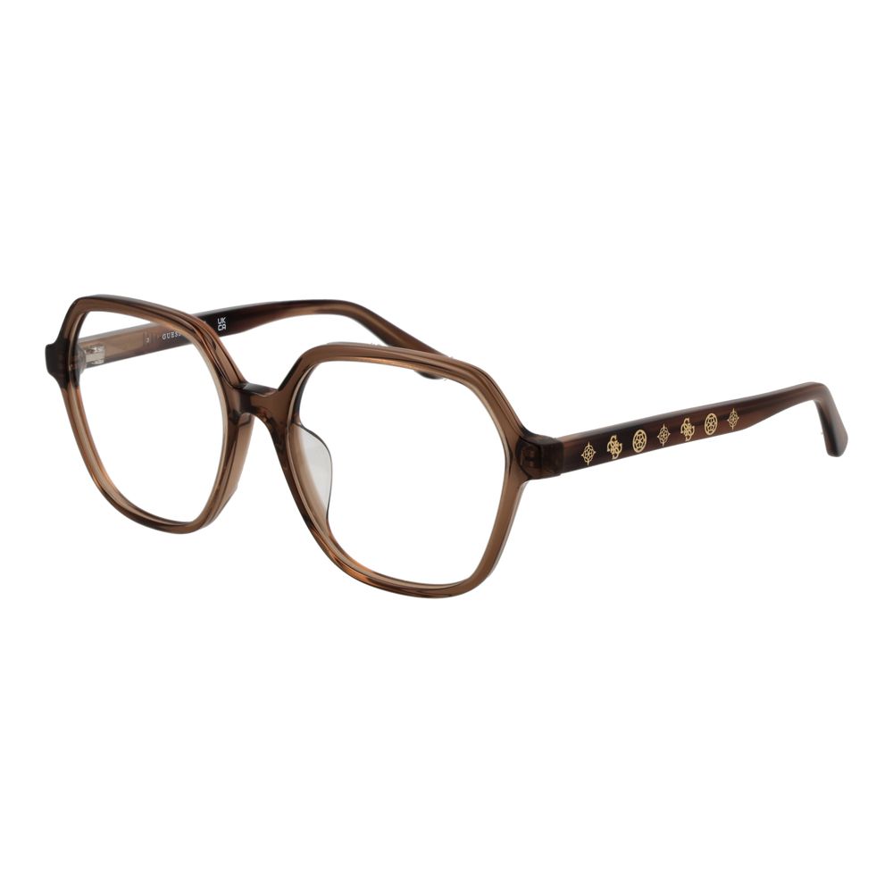 Guess Brown Women Glasses Frame, full-rim square style with acetate material and demo lenses, perfect for stylish eyewear needs.