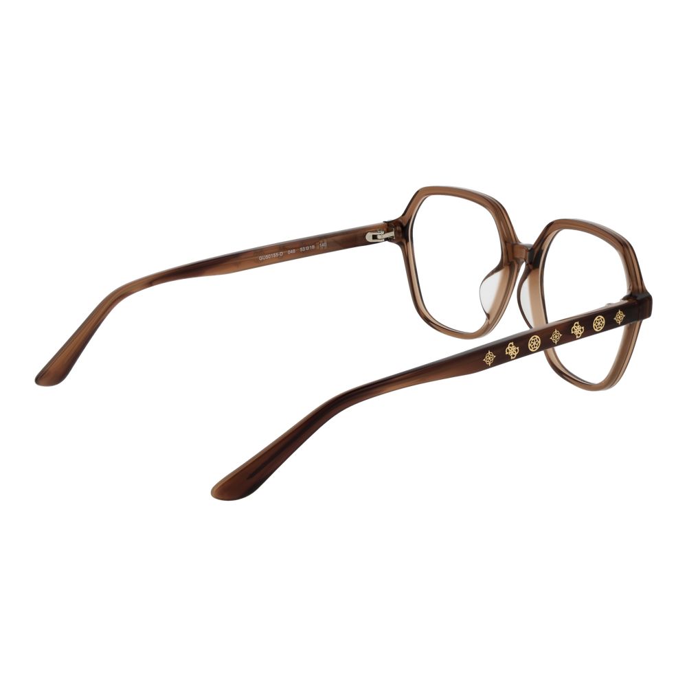 Guess Brown Women Glasses Frame in acetate with square full-rim style and demo lenses, size 53-16-140, includes branded case.