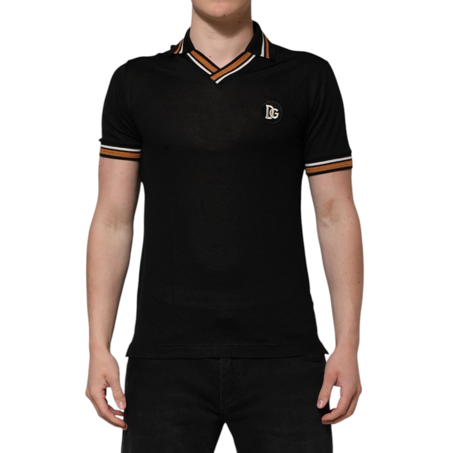 Dolce & Gabbana Black DG Silk V-neck Collared Men Polo T-shirt