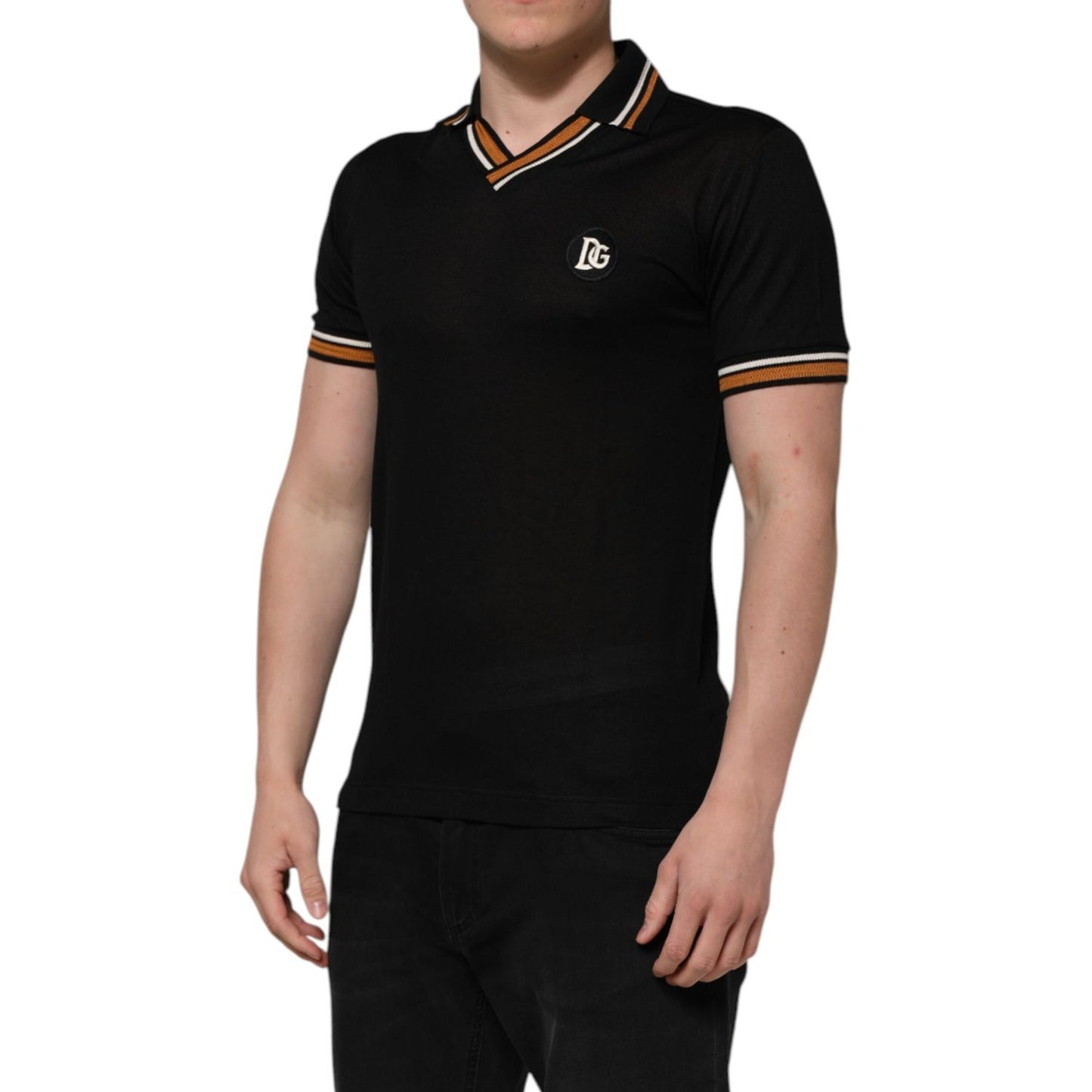 Dolce & Gabbana Black DG Silk V-neck Collared Men Polo T-shirt