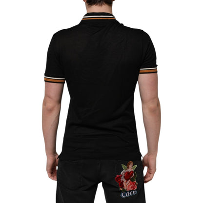 Dolce & Gabbana Black DG Silk V-neck Collared Men Polo T-shirt