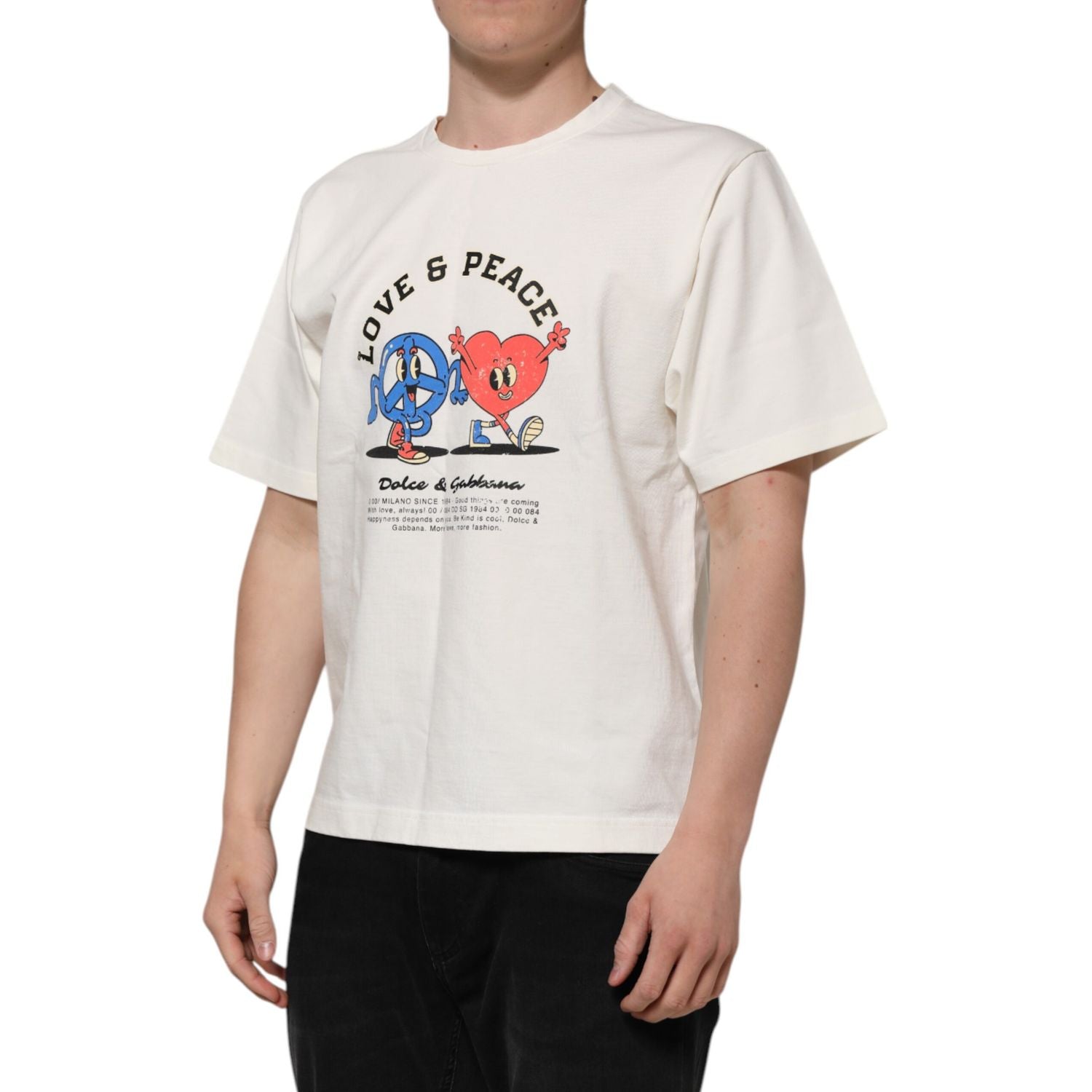 Dolce & Gabbana White Love Peace Cotton Men Crew Neck T-shirt