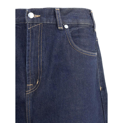 Close-up of 7FOR Blue Cotton Jeans Denim showcasing wide leg design and classic five-pocket style for a modern casual look.