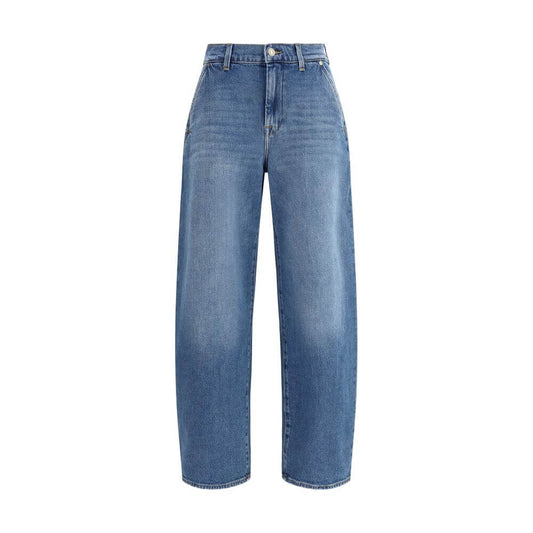 7FOR Light Blue Cotton Relaxed Fit Jeans with wide leg and five-pocket design, mid-rise for a comfortable and versatile style.