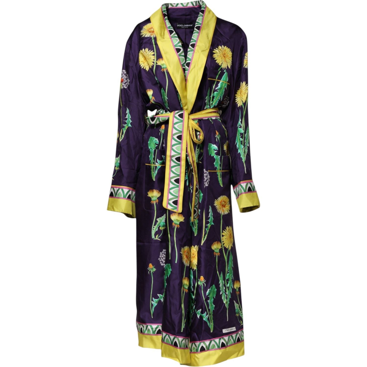 Dolce & Gabbana Blue Floral Print Silk Long Sleeves Wrap Robe