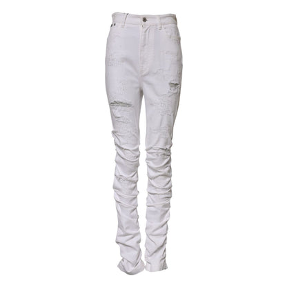 Dolce & Gabbana White Tattered Cotton High Waist Denim Jeans
