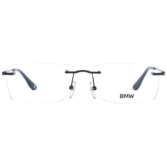 BMW Black Men Glasses Frame in rimless titanium with black rectangular temples, shown with demo plastic lenses.
