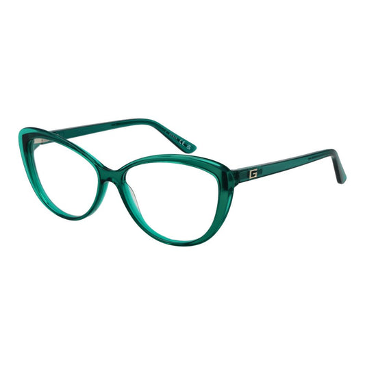 Guess Green Women Glasses Frame in green acetate, cat eye style, full-rim design with plastic demo lenses, size 55-14-140.