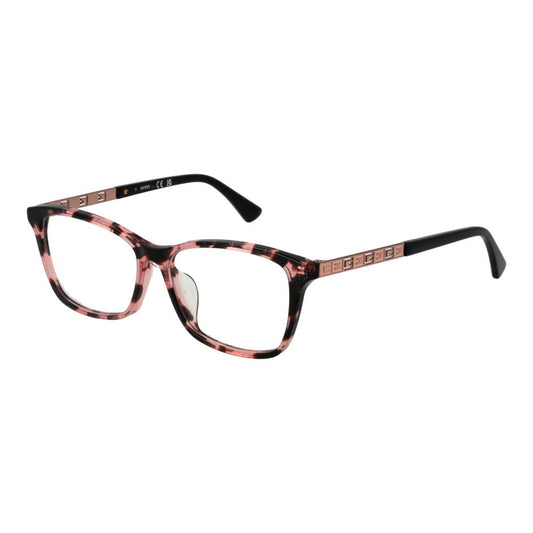 Guess Pink Women Glasses Frame in rose color, full-rim rectangle style, plastic material with demo lenses, includes branded case