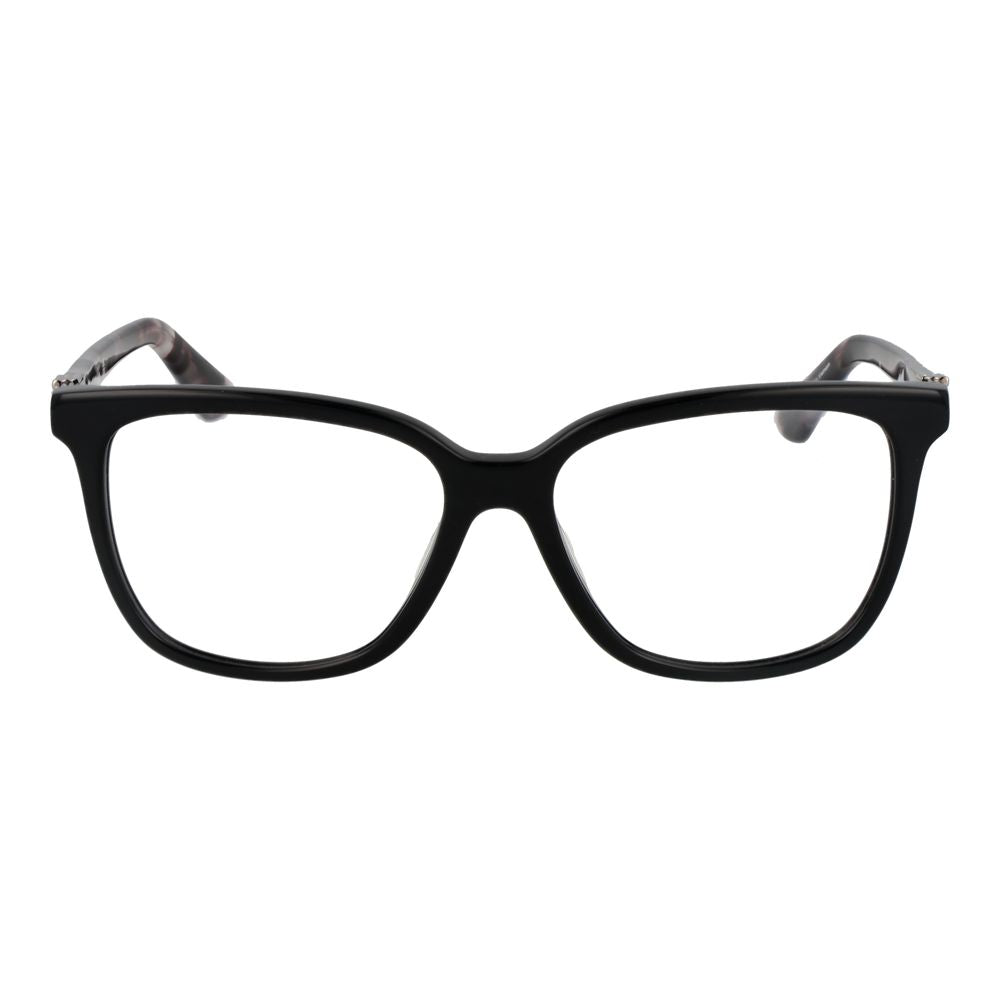 Guess Black Women Glasses Frame with full-rim plastic and rectangle style, demo lenses, and spring hinge.