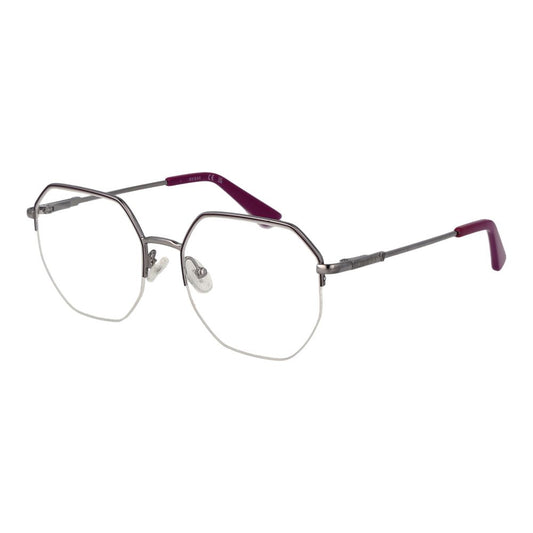 Guess Silver Women Glasses Frame with metal half-rim, rectangle style, and demo lenses, perfect for elegant and modern look.