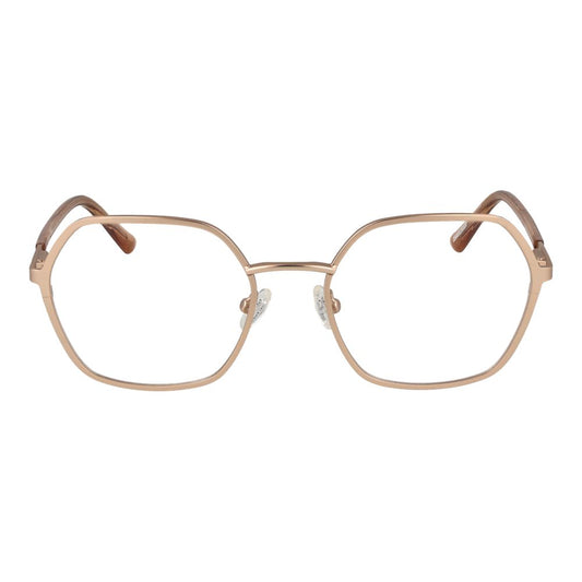 Guess Gold Women Glasses Frame, square full-rim gold metal design with demo lenses, spring hinge, size 53-19-140, includes branded case.