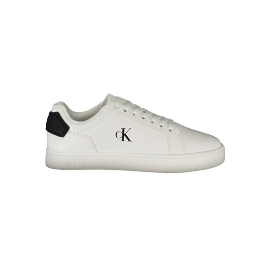 Calvin Klein White Leather Men Sneaker with black details on a white background, featuring a removable footbed for comfort.