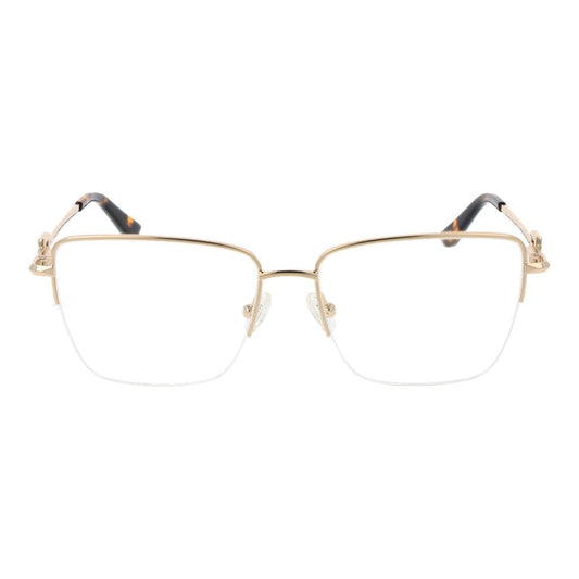 Guess Gold Women Glasses Frame, half-rim metal trapezium style with plastic demo lenses, includes branded case.