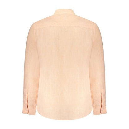 Back view of North Sails Pink Linen Shirt with long sleeves and Korean collar featuring embroidery and logo, eco-friendly design.