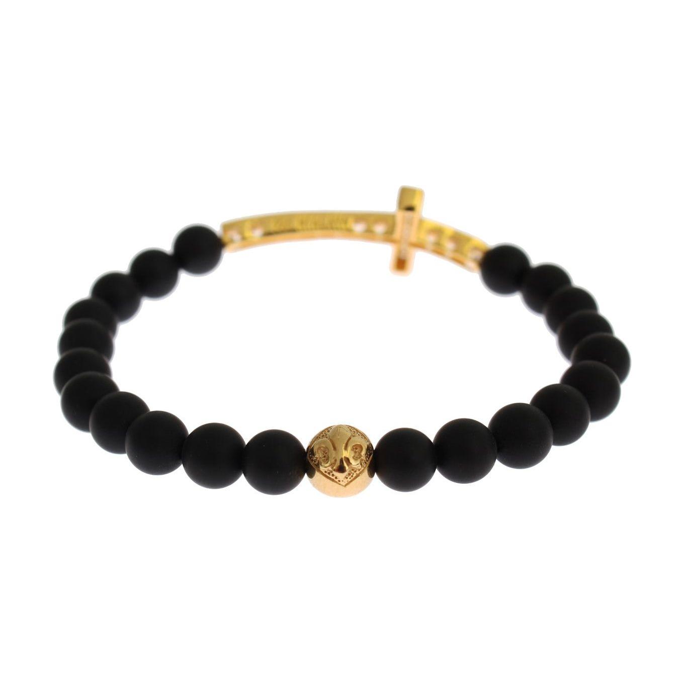 Nialaya Matte Onyx Stone Gold CZ Cross 925 Silver Bracelet Bracelet