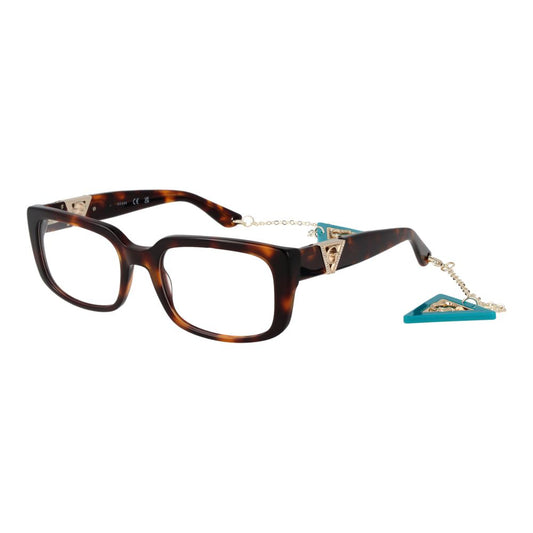 Guess Brown Women Glasses Frame, acetate full-rim rectangle design with demo lenses and eyewear chain, includes branded case