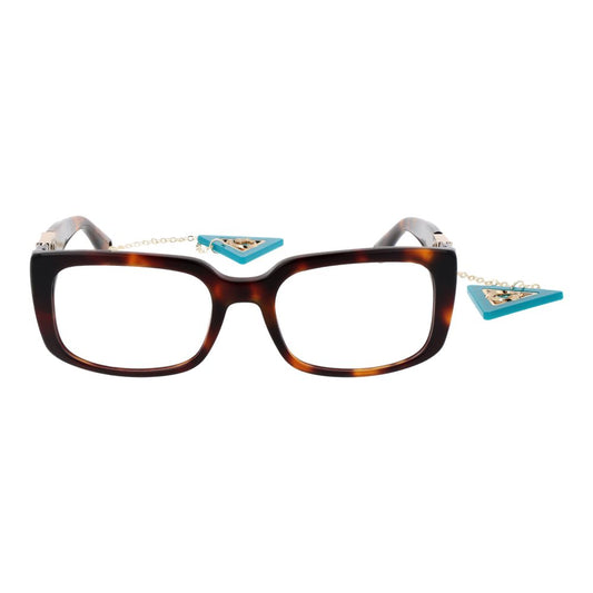 Guess Brown Women Glasses Frame in acetate, full-rim rectangle style with demo lenses and eyewear chain, includes branded case.
