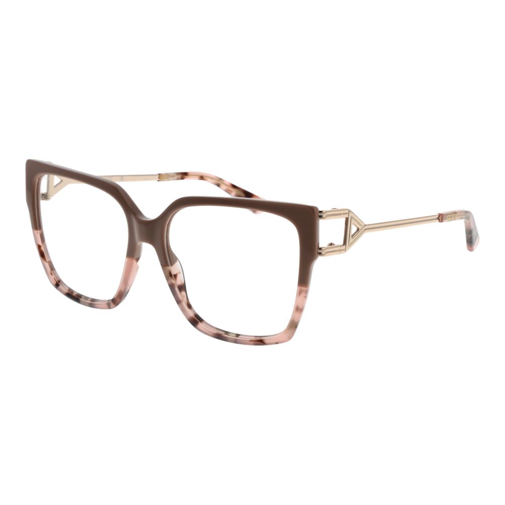 Guess Beige Women Glasses Frame in acetate, square shape, full-rim, demo lenses, includes branded case.