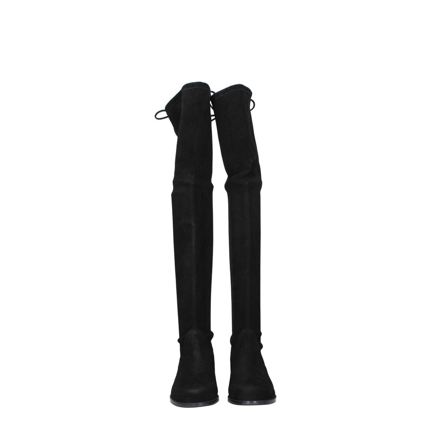 Stuart Weitzman Black Leather Over The Knee boots with round toe and mid heels, featuring aged and vintage effects, suede material.