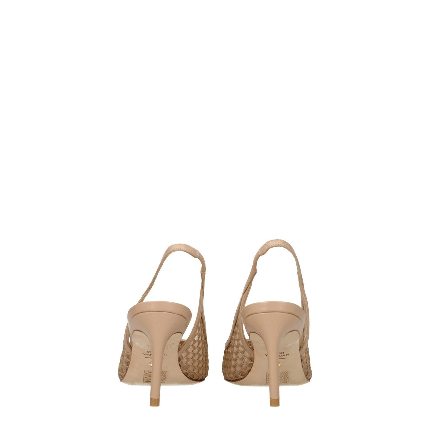 Back view of Stuart Weitzman Beige Leather High Heel Pumps with pointy toe and mid heels, showing intricate leather detailing.