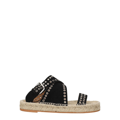 Isabel Marant Black Leather Flat Sandals with studs, open toe, silver detailing, suede material, buckle closure, low flat heel.