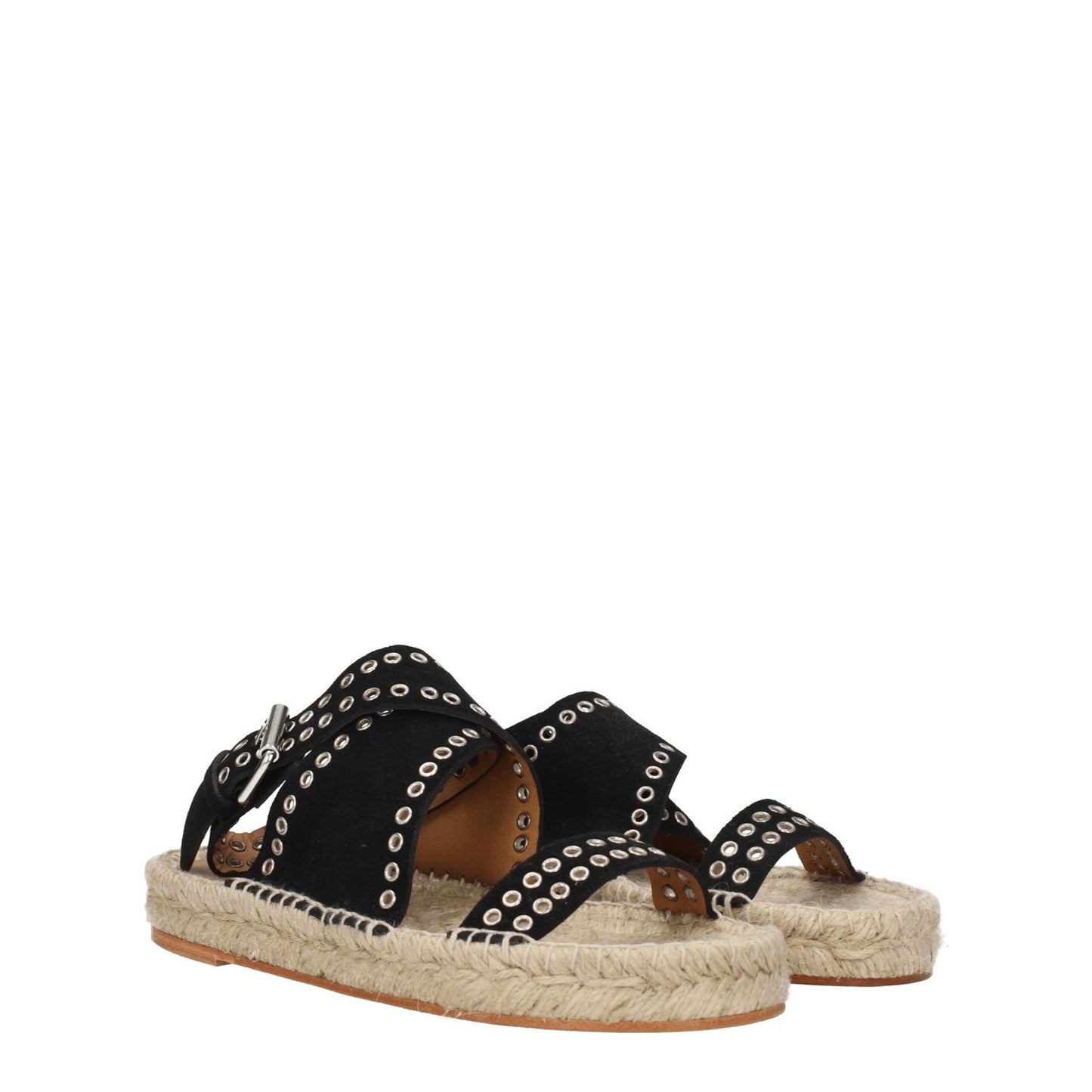 Isabel Marant Black Leather Flat Sandals with studs, suede material, open toe, and buckle closure. Casual style with vintage effect.
