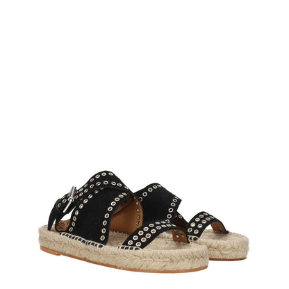Isabel Marant Black Leather Flat Sandals with studs, suede material, open toe, and buckle closure. Casual style with vintage effect.
