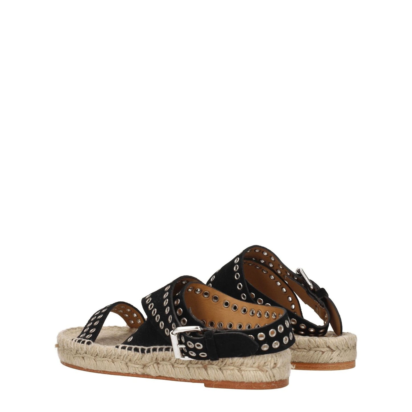 Isabel Marant Black Leather Flat Sandals with studs and buckle closure, casual suede design, open toe, low flat heel, silver accents.