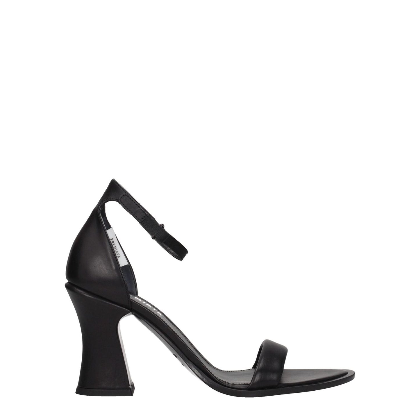 Premiata Black Leather Flat Sandals with buckle closure and high heel, featuring a vintage effect and side logo on a leather sole.