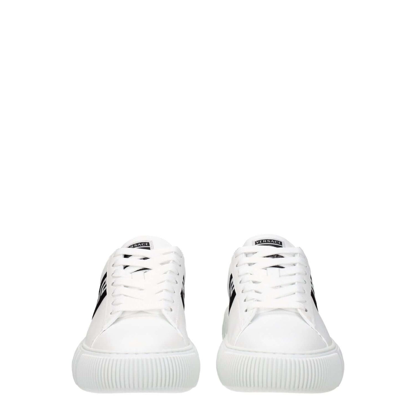 Versace White Leather Low Top Sneakers with front logo, lace-up closure, and rubber sole. Casual style with black accents and round toe design.