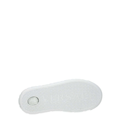 Versace White Leather Low Top Sneakers with rubber sole and brand logo on bottom view