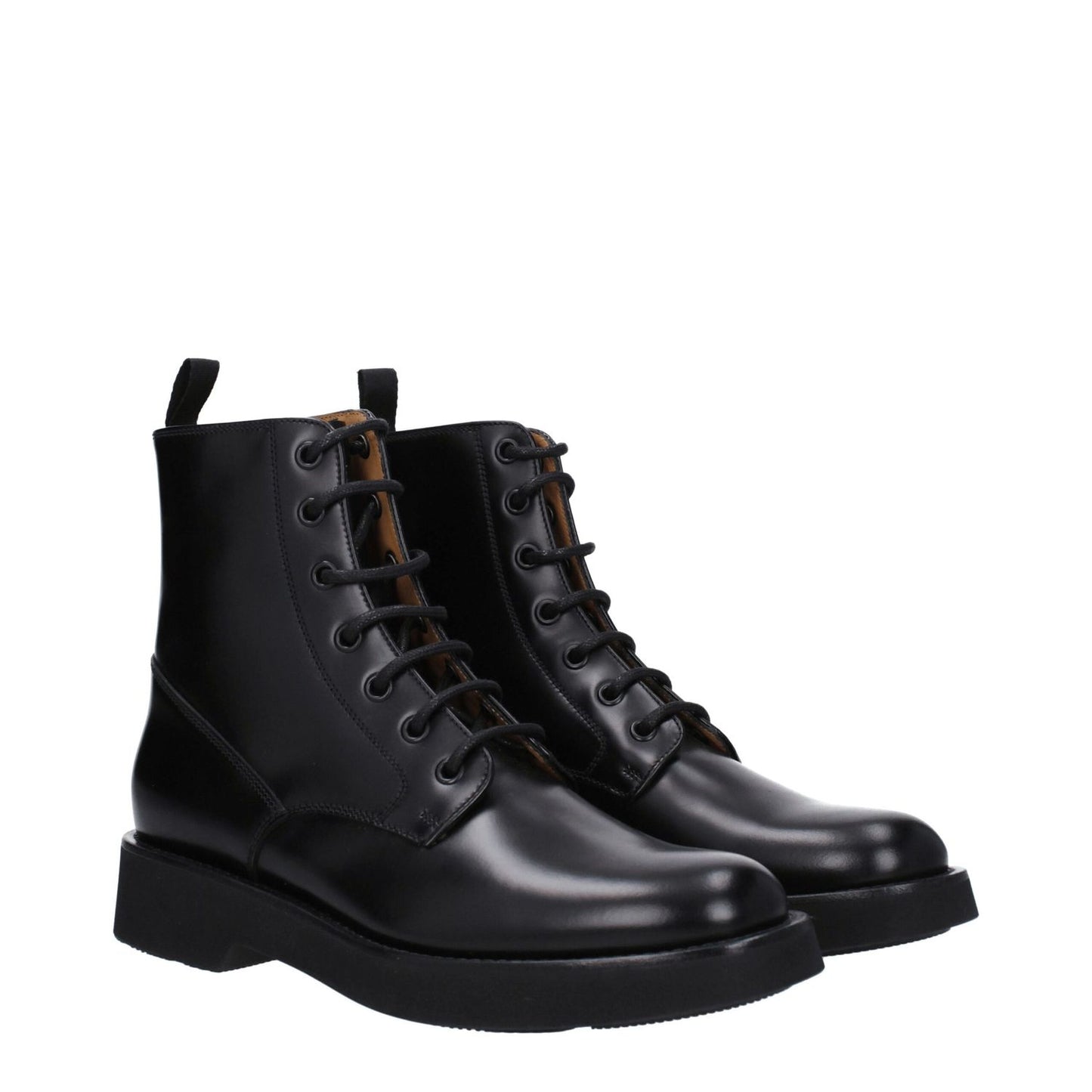 Church's Black Leather Ankle Boots with lace-up closure, rubber sole, and round toe design, featuring aged and vintage effects.
