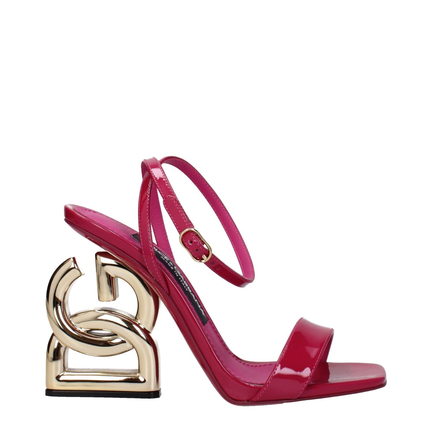 Dolce & Gabbana Pink Leather Stiletto Heel Sandals with open toe, gold details, and buckle closure in patent leather style.